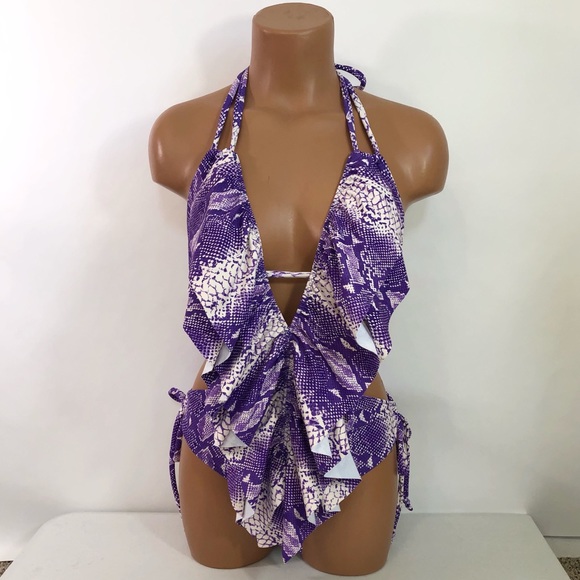 Purple snake one piece ruffle swimsuit - Picture 3 of 5